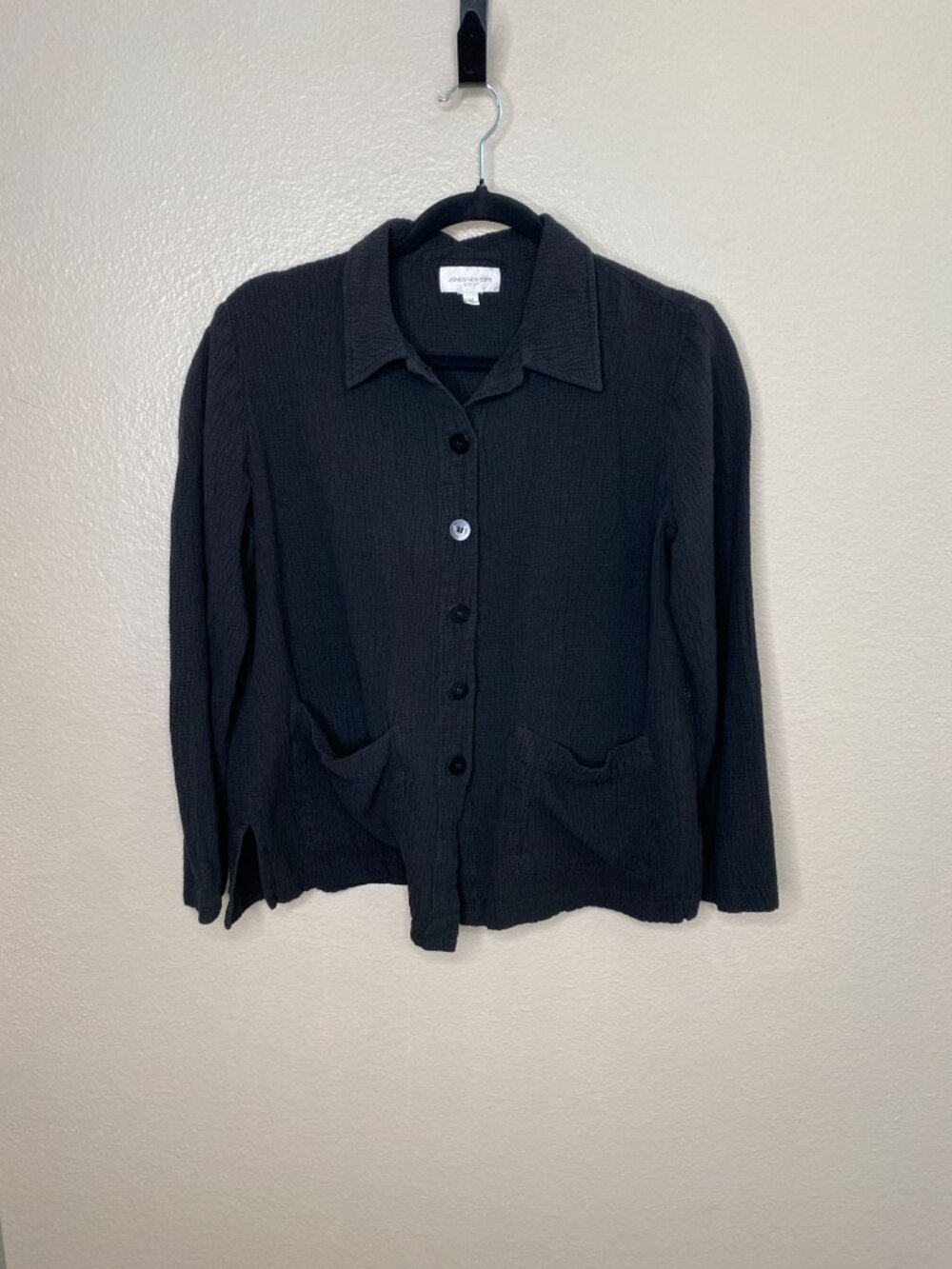 Jones New York Sport Womens Black Button-Up Textured Jacket Size M With Pockets